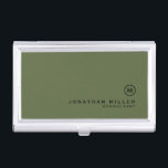 Minimal Olive Classic Monogram Business Card Holder<br><div class="desc">Minimalist monogram design with classic block monogram medallion in a classic font with personalised name and title below on a simple olive gren background. Personalise for your custom use.</div>