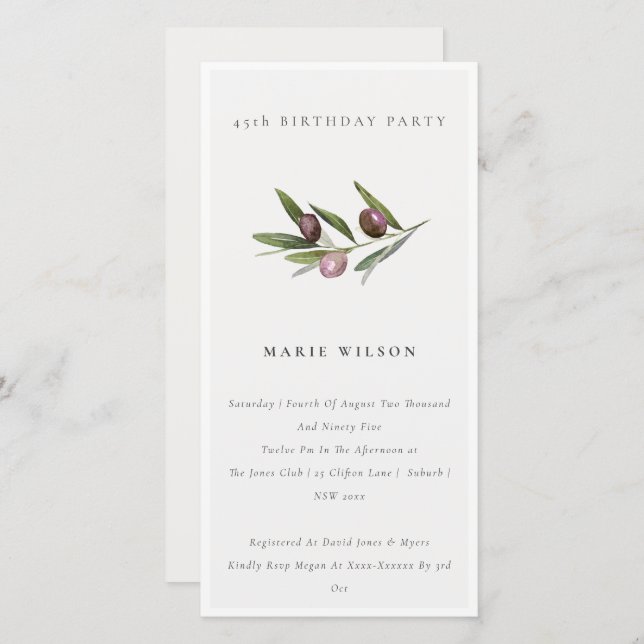 Minimal Olive Foliage Any Age Birthday Invite (Front/Back)