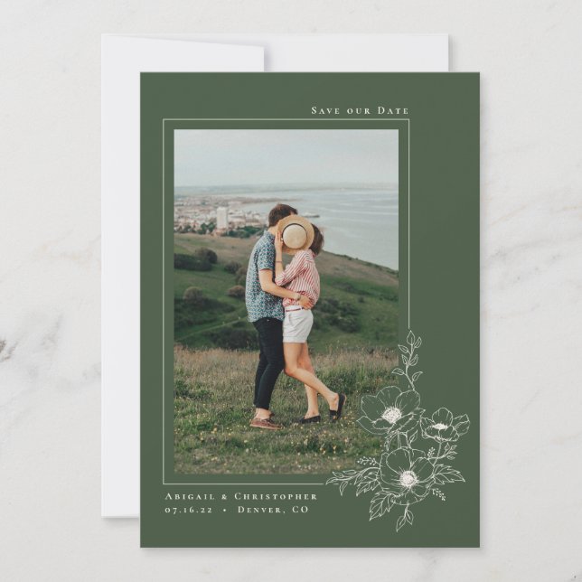 Minimal Olive Green Anemone Art Floral Wedding Save The Date (Front)