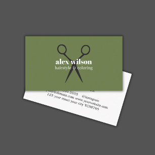 Minimal Olive Green Black Scissors Hair Salon Business Card