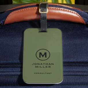 Minimal Olive Green Classic Typographic Monogram Luggage Tag