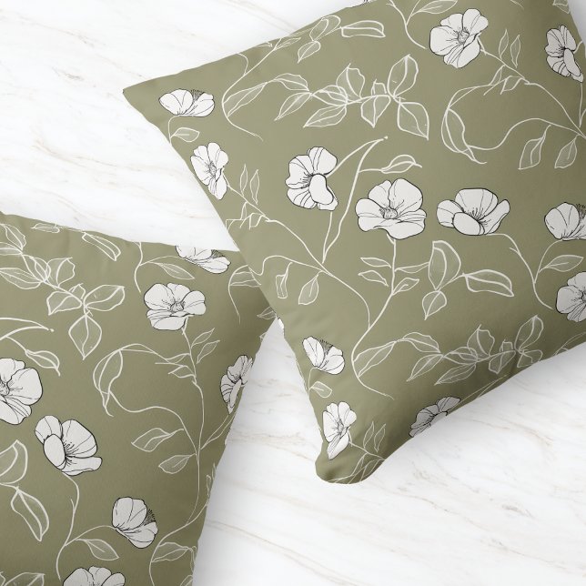 Minimal Olive Green Floral Line Art White Flower Cushion (Minimal Olive Green Floral Line Art White Flower Throw Pillow)