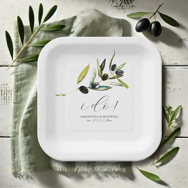 Minimal Olive Paper Plates Botanical Greenery (Paper plates weddings simple watercolor olive branch art by Victoria Grigaliunas Do Tell A Belle)