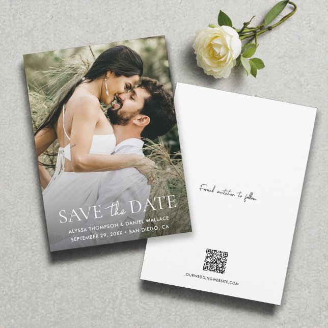 Minimal One Photo Modern QR code wedding website Save The Date (Simple, modern wedding, photo save the date with QR code and website cards.)