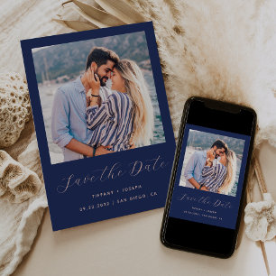 Minimal One Photo Script Navy Blue Blush Save The Date