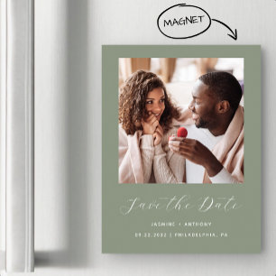 Minimal One Photo Script Sage Green Save the Date Magnetic Invitation