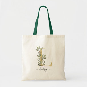 Minimal Organic Greenery Gold Monogram Letter "L" Tote Bag