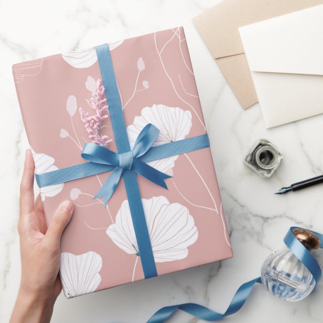 Minimal Pale Pink Flower White Floral Pattern Wrapping Paper (Gifting)