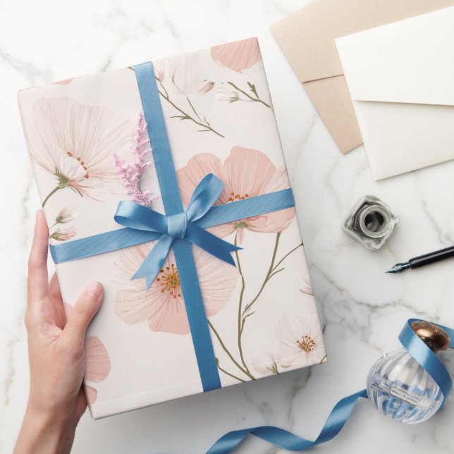 Minimal Pale Pink Flower White Floral Pattern Wrapping Paper (Gifting)