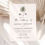 Minimal Palm Tree Monogram Wedding Invitation<br><div class="desc">Tropical wedding invitations featuring your monogram initials separated by a single palm tree illustration at the top of the invite with an ivory cream background. Personalise the monogram palm tree wedding invites with your names and wedding details in black lettering with a modern hand-lettered script accenting the design. The simple...</div>