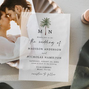 Minimal Palm Tree Monogram Wedding Vellum Invitations