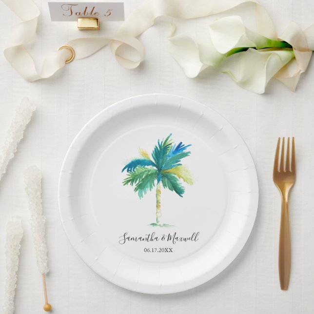 Minimal Palm Tree Tropical Beach Wedding Paper Plate (Wedding)