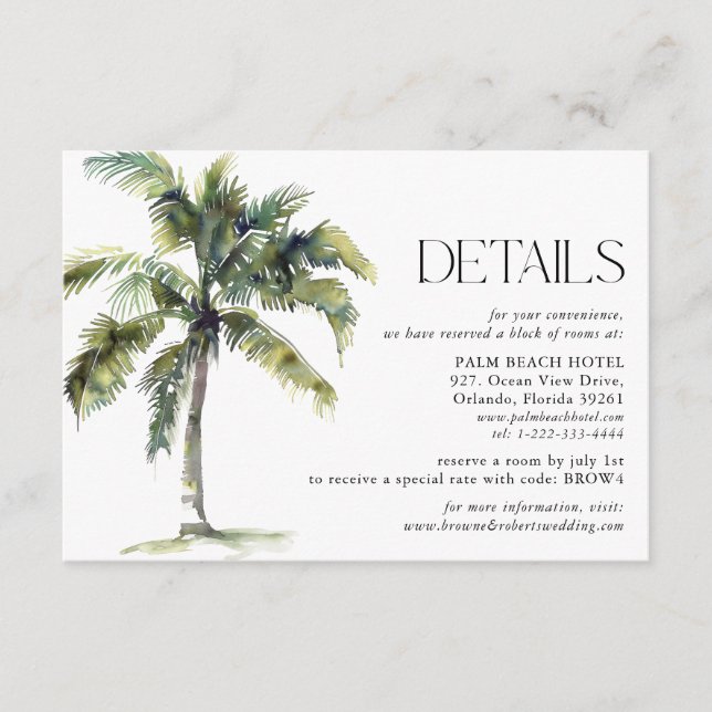 Minimal Palm Tree Tropical Wedding Details Enclosure Card (Front)