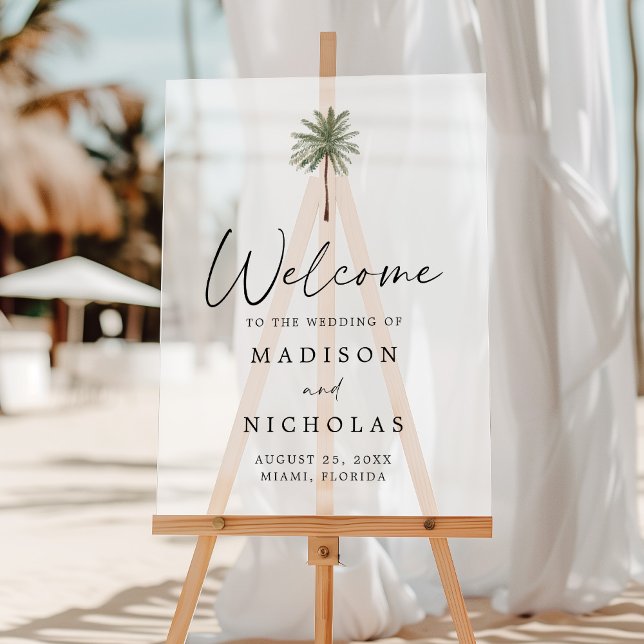 Minimal Palm Tree Wedding Welcome Frosted Acrylic Sign (Creator Uploaded)