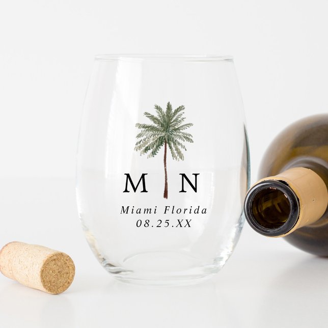 Minimal Palm Trees Monogram Wedding Stemless Wine Glass (Creator Uploaded)