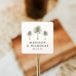 Minimal Palm Trees Personalised Wedding Square Sticker