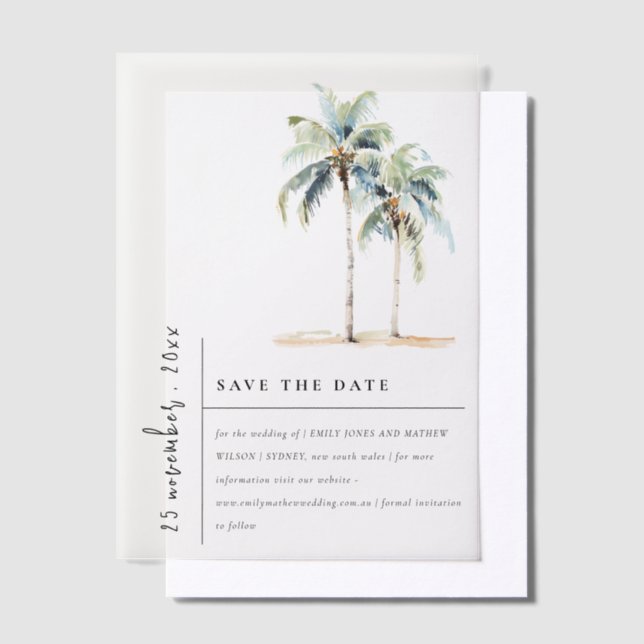 Minimal Palm Trees Tropical Wedding Save The Date Vellum Invitations (Offset)