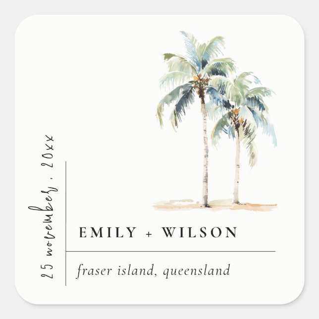 Minimal Palm Trees Watercolor Tropical Wedding Square Sticker (Front)