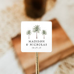 Minimal Palm Trees Wedding Square Sticker<br><div class="desc">Seal your wedding invitations and favours with these personalised palm tree stickers. The tropical wedding stickers feature three palm trees with your names and wedding date displayed below in black lettering. The palm tree wedding stickers were designed to coordinate with our Minimal Palm Tree wedding collection.</div>