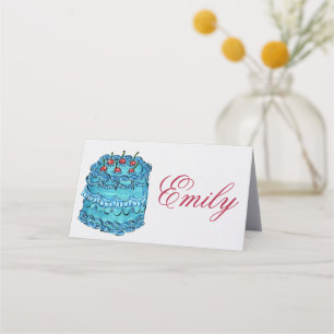 Minimal Pastel Blue Cherry Cake Folded Place Card