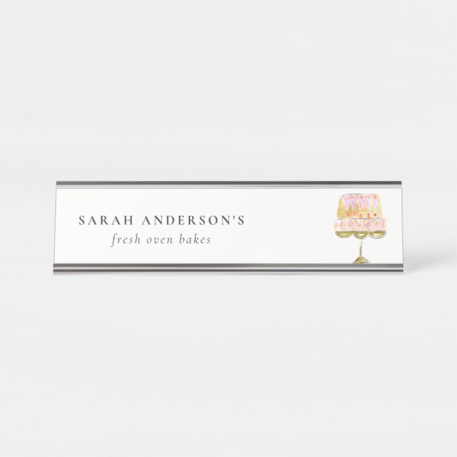 Minimal Pastel Colourful Watercolor Cake Bakery Desk Name Plate (Front)