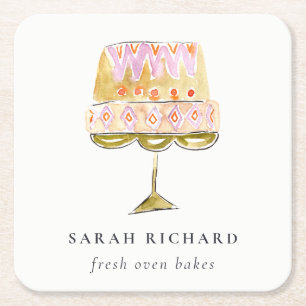 Minimal Pastel Colourful Watercolor Cake Bakery Square Paper Coaster