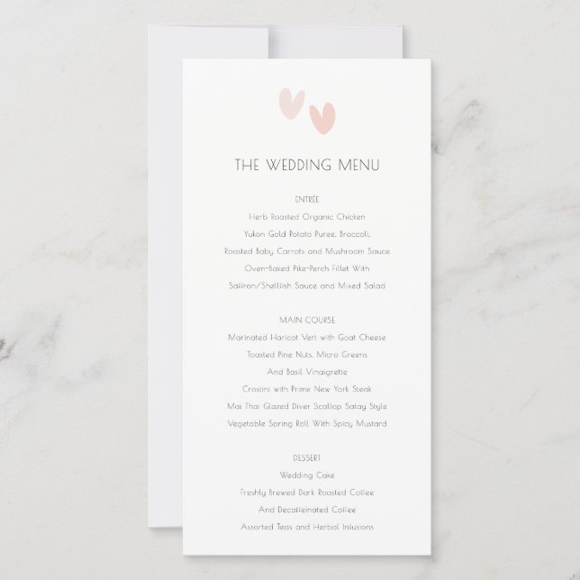 Minimal Pastel Dusky Pink Hearts Wedding Menu Card (Front)