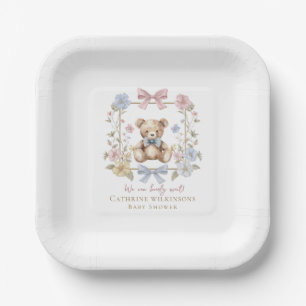 Minimal Pastel Floral Teddy Bear Baby Shower Paper Plate