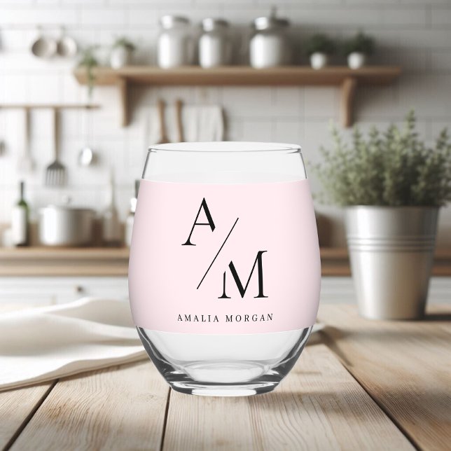 Minimal Pastel Pink Initial & Personalised  Stemless Wine Glass (Creator Uploaded)