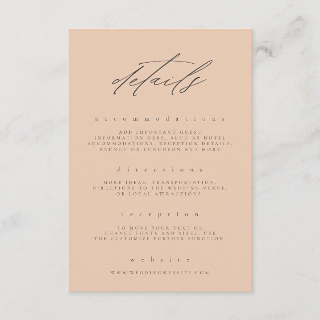 Minimal Peach Fine Art Floral Wedding Details Enclosure Card (Front)