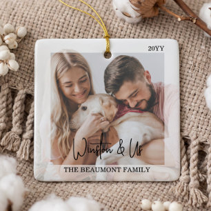 Minimal Personalised Pet Photo First Christmas Ceramic Ornament