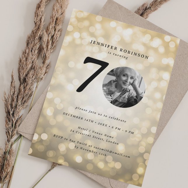 Minimal Photo 70th Birthday Party Gold Bokeh Invitation (Minimal Photo 70th Birthday Party Gold Bokeh Invitation)