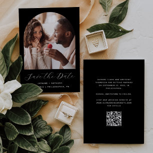 Minimal Photo Arch Script QR Code Black Save The Date