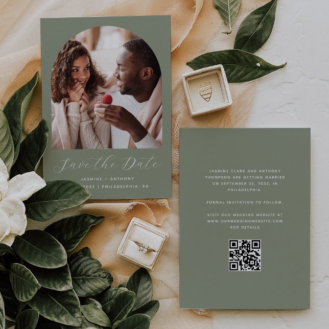 Minimal Photo Arch Script QR Code Sage Green Save The Date (Creator Uploaded)