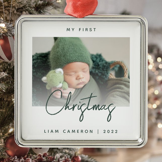 Minimal Photo Baby's First Christmas Green Script Metal Tree Decoration (Creator Uploaded)