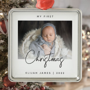 Minimal Photo Baby's First Christmas Grey Script Metal Tree Decoration