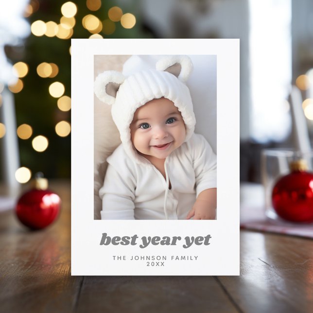 Minimal Photo Best Year Yet Modern Christmas Holiday Card (Modern, minimal Christmas Greeting card with photo, white border and retro text.)
