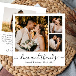 Minimal Photo Collage Love and Thanks Wedding Thank You Card<br><div class="desc">Simle Minimalist Elegant "Love and thanks" Script 3 Photo Collage custom personalised Wedding Thank You Card. Stylish wedding thank you card template featuring three (3) photo on the front (grid photo collage) and one photo on the back side. With the text "Love and thanks" in a swirly hand lettered typography...</div>