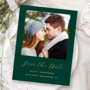 Minimal Photo Emerald Green Gold Save the Date Announcement Postcard