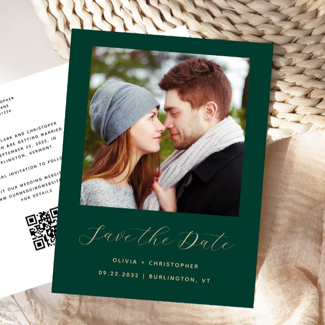 Minimal Photo Emerald Green QR Code Save the Date Announcement Postcard (Creator Uploaded)