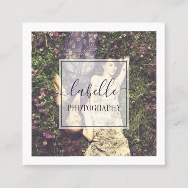 Minimal Photo Frame & Elegant Script Square Business Card (Front)