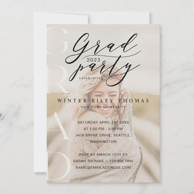 Minimal Photo Grad Party Modern Calligraphy Cream Invitation (Front)