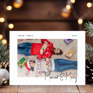 Minimal Photo Married and Merry Black Script Holiday Card