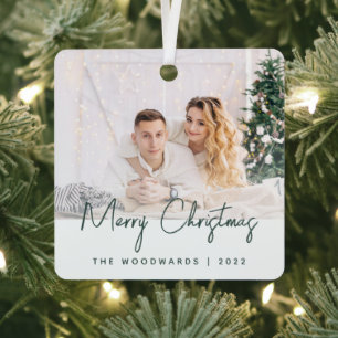 Minimal Photo Merry Christmas Green Script Metal Tree Decoration