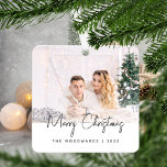 Minimal Photo Merry Christmas Grey Script Metal Tree Decoration<br><div class="desc">Wish family and friends as special Merry Christmas with this modern minimalist photo keepsake ornament. The charcoal grey text reads "Merry Christmas" in trendy handwriting script. Easily replace the sample image with your favourite photo, and add your family name or first names and the year below. A white gradient screen...</div>