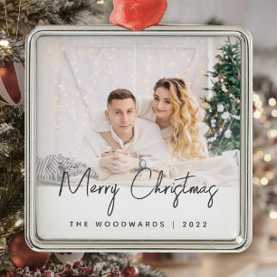 Minimal Photo Merry Christmas Grey Script Metal Tree Decoration