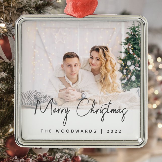 Minimal Photo Merry Christmas Grey Script Metal Tree Decoration (Creator Uploaded)