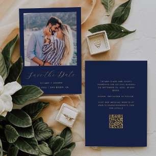 Minimal Photo Navy Blue Gold Script QR Code Save The Date