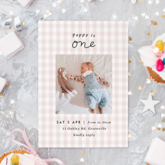 Minimal Photo Pink Gingham 1st Birthday Invite