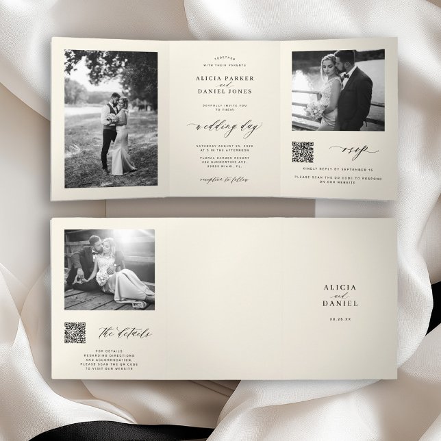Minimal photo QR code RSVP details ivory wedding Tri-Fold Invitation (Creator Uploaded)